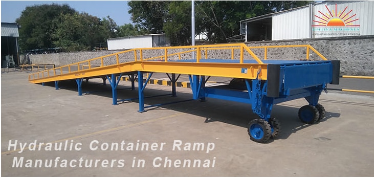 CONTAINER RAMPThis equipment is useful for loading and unloading containers using the forklift from ground level directly.The height of the equipment is hydraulically adjustable by a hand hydraulic pump or AC/DC operated hydraulic power-pack. We suggest AC/DC operation for a high frequent usage.We can also give a mechanical jack system of height adjustability for low budget accommodation.SPECIFICATION• Load Capacity - 10000 Kg & 16000 Kg• Height Adjustment Range - 1200mm To 1800mm From Ground Level• Usable Width - 2000mm• Height Of Safety Rails On Two Sides - 300mm• Overall Dimensions - 2400mm (W) X 11700mm (L) ( 8 Feet X 39 Feet)