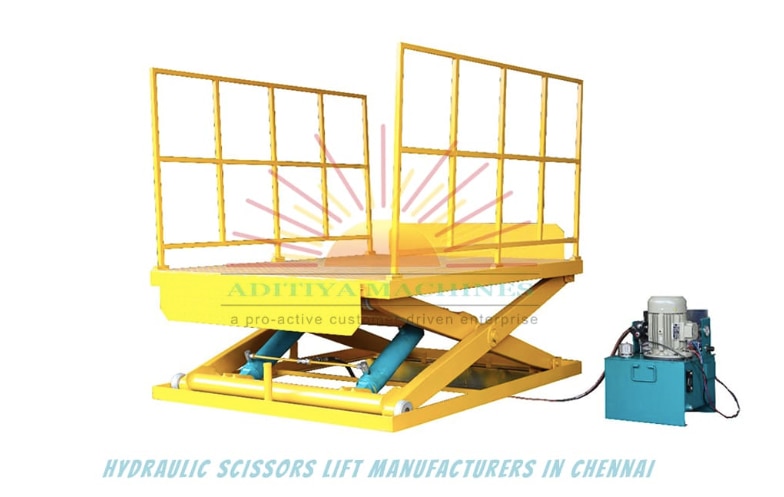 CONSTRUCTION OF A HYDRAULIC SCISSORS LIFTThe various members of a hydraulic scissors lift are the loading platform, hand safety rails, lips, scissors links, base frame, hydraulic cylinders, hydraulic power pack, safety prop-ups, and the electrical control panel.The loading platform is an important member of a scissors lift, it is a platform on which the load sits, load transferred from a truck or a container. It generally has steel chequered plates with load carrying structure beneath it. This should be designed strong enough to withstand dynamic loads arising out by forklifts, trolleys and while material transfer.The hand rails are important safety structure which safeguards the user from free fall in the lifted condition of scissors lift.The lips are bridge structure between a hydraulic scissors lift and trucks. They are foldable type manually or by hydraulic system and sit on the bed of truck or container for easy transfer of trolley or forklifts.The scissors links are another crucial load carrying members. They need to be designed to withstand bending and torsion loads, arising during lifting and lowering. The interconnection hinge points of links carry maximum load and they need self lubricated journal bearings to ensure frictionless and noiseless operation for many years of usage.The base frame is bottom most member. Carry the self weight of scissors lift, payload and reaction loads of hydraulic cylinders. This is intermediate member between scissors lift and ground.The hydraulic cylinders are real muscle in the scissors lift. The important factors to be considered during design stage are less working pressure, sufficient diameter of piston rod to withstand bucking load it encounters during lifting operation. Insufficient diameter of piston may lead to bucking failure on a long run. The hydraulic cylinders could be single or double acting depending upon the requirement and speed requirement of end user. The end mounting should preferably have spherical bearings to accommodate various misalignments during the construction.The hydraulic power pack of scissors lift may have lift lowering block in the hydraulic circuit for its compact size, energy efficient and easy to attend during service and during malfunctioning. It should have manual override control as an alternative to lower the scissors lift during electrical service interruption. Normally, a 24 volt DC supply voltage is preferred for solenoid coil due its less chattering noise and long life even though it involves additional cost for the manufacturer.The electrical control panel of hydraulic scissors lift should have motor protection elements, SMPS for have reduced voltage for solenoid coil and control circuit voltage for limit switches.The reduced voltage of 24VDC saves the life of end user in case of any short circuit situation happens.DIFFERENT APPLICATIONS OF SCISSORS LIFT EQUIPMENTINDUSTRIAL:Docking, loading and unloading materials, trolleys in a trucks or containersLifting in process materials inside the factory, for example, dies in a press, storing materials in racksFloor to floor movement of materials, trolleys and unit loadsCAR SHOW ROOMS: Shifting of cars to different floorsHOW TO MAINTAIN A SCISSORS LIFTWHAT IS SCISSORS LIFTWHY SCISSORS LIFTSPURPOSE OF SCISSORS LIFTHOW TO MAINTAIN A SCISSORS LIFTEvery equipment needs a proper maintenance for its trouble free working and to get long life. Scissors lifts need constant monitoring of any hydraulic oil leakage. Oil leakage can occur in hydraulic cylinders due its failure of seals, in valves due to improper tightening of fittings, loosening of fittings over time.Hydraulic oil to be replaced as per the manufacturers’ recommendation at a particular interval of time. Top up of hydraulic oil may be needed to compensate loss of quantity of hydraulic oil.Bearings in moving rollers and in the hinge joints to be checked for its free movement and need to be replaced after its service life.Structural failures like bending of various load carrying members and weld crack to be observed during preventive maintenance schedule.SPECIFICATION OF A HYDRAULIC SCISSORS LIFTA hydraulic scissors lift requires following technical parameters to work out an appropriate for a specific application:Load capacity in KgLifting platform size, length and width in mmMinimum height when in closed condition ( pit height in case of pit mounted type) in mmMaximum lift height in mmHydraulic stroke ( difference between maximum and minimum height) in mmApplication detailsType of scissors lift, pit mounted or floor mounted, with or without conveyor rollersSafety hand rails, on how many sides of lift platformLip, on how many sides of lift platformPRECAUTIONS TO BE OBSERVED DURING SERVICINGAlways put prop-ups before a technician enter below the scissors lift as it prevents downward movement and saves the life of a technician. It should never be compromised as the moving pl