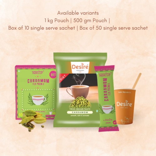Diet Elaichi / Cardamom Tea!!This diet premix is for everyone embarking on a journey to a healthier lifestyle. Take the first step towards that goal with a cup of our diet Elaichi Chai.Available size(s):Indicup Sachet box (10 Single Cup sachets)Desire Premix Pack – 500 GmsDelivery Details:Within Mumbai : 2 working daysAnywhere other than Mumbai : 7 working daysChoose your desired quantity pack to enjoy a sip of goodness. You can also choose to subscribe to a regular supply of your favourite product.