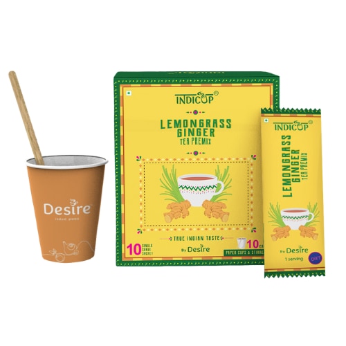Lemongrass Ginger Tea!!It is a unique fusion of the freshness of lemongrass and the warmth of ginger. Its delicate balance of spices and fragrance is just the ticket to soothe and uplift your spirits.Available size(s):Indicup Sachet box (10 Single Cup sachets)Desire Premix Pack – 500 GmsDesire Premix Pack – 1 KgDelivery Details:Within Mumbai: 2 working daysAnywhere other than Mumbai : 7 working daysChoose your desired quantity pack to enjoy a sip of goodness. You can also choose to subscribe to a regular supply of your favourite product.
