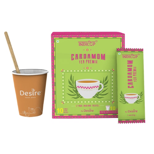 Instant Tea Premix Cardamom Tea / Elaichi PowderExperience the aromatic delight of Desire’s Instant Cardamom Tea Premix. Effortlessly prepared, this blend combines the bold flavor of premium tea with the exotic touch of cardamom. Just add hot water, stir, and enjoy the perfect cup of Elaichi tea, delivering a comforting and invigorating experience in every sip.Design for manual Use as well as for any type of vending machineAvailable size(s):Indicup Sachet box (10 Single Cup sachets)Desire Premix Pack – 500 GmsDesire Premix Pack – 1 KgDelivery Details:Within Mumbai: 2 working daysAnywhere other than Mumbai : 7 working daysChoose your desired quantity pack to enjoy a sip of goodness. You can also choose to subscribe to a regular supply of your favourite product.
