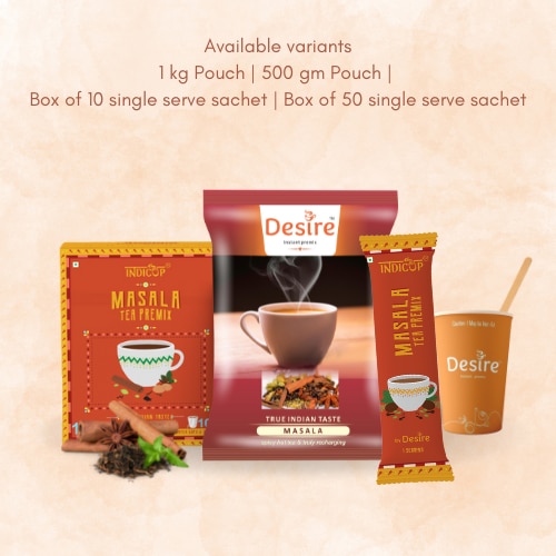 Instant Tea Premix Masala TeaThis spicy & recharging blend is similar to the Indian Kadak Chai. It has the richness of milk combined with aromatic spices like – cardamom, black pepper & clove. A few sips will infuse you with energy & positivity all day. Suitable for all Vending MachinesAvailable size(s):Indicup Sachet box (10 Single Cup sachets)Desire Premix Pack – 500 GmsDesire Premix Pack – 1 KgDelivery Details:Within Mumbai: 2 working daysAnywhere other than Mumbai : 7 working daysChoose your desired quantity pack to enjoy a sip of goodness. You can also choose to subscribe to a regular supply of your favourite product.Desire Instant Tea Premix Masala Tea – Indian Masala Chai₹180.00 – ₹499.00 M.R.P Choose an optionDesire Instant Tea Premix Masala Tea - Indian Masala Chai quantity1 Add to cart Instant Tea Premix Masala TeaThis spicy & recharging blend is similar to the Indian Kadak Chai. It has the richness of milk combined with aromatic spices like – cardamom, black pepper & clove. A few sips will infuse you with energy & positivity all day. Suitable for all Vending MachinesAvailable size(s):Indicup Sachet box (10 Single Cup sachets)Desire Premix Pack – 500 GmsDesire Premix Pack – 1 KgDelivery Details:Within Mumbai: 2 working daysAnywhere other than Mumbai : 7 working daysChoose your desired quantity pack to enjoy a sip of goodness. You can also choose to subscribe to a regular supply of your favourite product.Available on Amazon , Flipkart , Zomato , Swiggy Add to Wishlist CompareSKU: DB0007 to DB0009 Category: TeaDescription Additional information How to Use Sustainability Technical Details Reviews (2)Instant Tea Premix Masala TeaThis spicy & recharging masala tea blend is similar to the Indian Kadak Chai. It has the richness of milk combined with aromatic spices like – cardamom, black pepper & clove. A few sips will infuse you with energy & positivity all day. Suitable for all Vending MachinesAvailable size(s):Indicup Sachet box (10 Single Cup sachets)Desire Premix Pack – 500 GmsDesire Premix Pack – 1 KgDelivery Details:Within Mumbai: 2 working daysAnywhere other than Mumbai : 7 working daysChoose your desired quantity pack to enjoy a sip of goodness. You can also choose to subscribe to a regular supply of your favourite product.Available on Amazon , Flipkart , Zomato , Swiggy