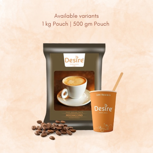 Mochaccino!!Indulge those bittersweet cravings with our Mochaccino premix. It is coffee & chocolate rolled into one to make a drink you will want to savour.Available size(s):Desire Premix Pack – 500 GmsDesire Premix Pack – 1 KgDelivery Details:Within Mumbai: 2 working daysAnywhere other than Mumbai : 7 working daysChoose your desired quantity pack to enjoy a sip of goodness. You can also choose to subscribe to a regular supply of your favourite product.