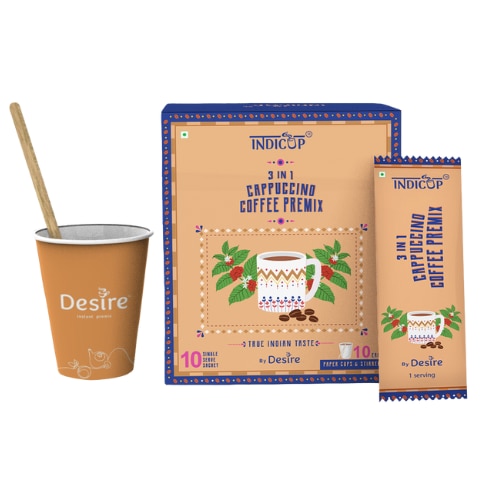 Instant Coffee Premix Powder By DesireDesire’s premium coffee premix is everything your daily cup of coffee should be without any fuss and available in an instant either in manual form or can be used in vending machine to drink ready made coffee. It is made with soluble coffee in combination with dehydrated milk powder & sugar which make for a blend that is rich and aromatic. Grab your cup of coffee any time of the day. Just add Hot Water and Enjoy.This coffee is also available in a diet (Low Sugar) variant.Available size(s):Indicup Sachet box (10 Single Cup sachets)Desire Premix Pack – 500 GmsDesire Premix Pack – 1 KgDelivery Details:Within Mumbai: 2 working daysAnywhere other than Mumbai : 7 working daysInstant Coffee Premix Powder By DesireDesire’s instant coffee premix offers the perfect cup without the hassle, whether manually prepared or used in a vending machine for instant enjoyment. It combines soluble coffee with dehydrated milk powder and sugar, creating a rich and aromatic blend. Anytime is coffee time – simply add hot water and savor the experience.This coffee is also available in a diet (Low Sugar) variant.Available size(s):Indicup Sachet box (10 Single Cup sachets)Desire Premix Pack – 500 GmsDesire Premix Pack – 1 KgDelivery Details:Within Mumbai: 2 working daysAnywhere other than Mumbai : 7 working daysChoose your desired quantity pack to enjoy a sip of goodness. You can also choose to subscribe to a regular supply of your favourite product.We are Available on Amazon, Flipkart , Jiomart , Zomato , Swiggy