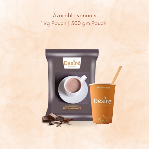 Instant Hot Chocolate PremixIndulge in instant delight with our Hot Chocolate Premix. Crafted for quick and easy preparation, this rich and velvety cocoa blend promises a comforting escape in every mug. Simply add hot water, stir, and savor the luxurious taste of premium hot chocolate.The signature taste remains the same whether you have it cold or hot.Available size(s):Desire Premix Pack – 500 GmsDesire Premix Pack – 1 KgDelivery Details:Within Mumbai: 2 working daysAnywhere other than Mumbai : 7 working daysChoose your desired quantity pack to enjoy a sip of goodness. You can also choose to subscribe to a regular supply of your favourite product