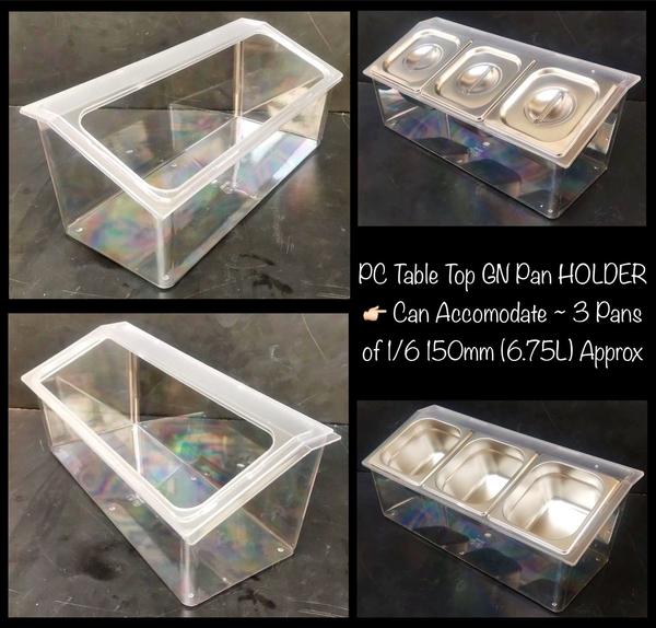 We deals in PC Table Top GN Pan Holder can Accomodate -3 Pans of 1/6 150mm (6.75) Approx at very reasonable price.