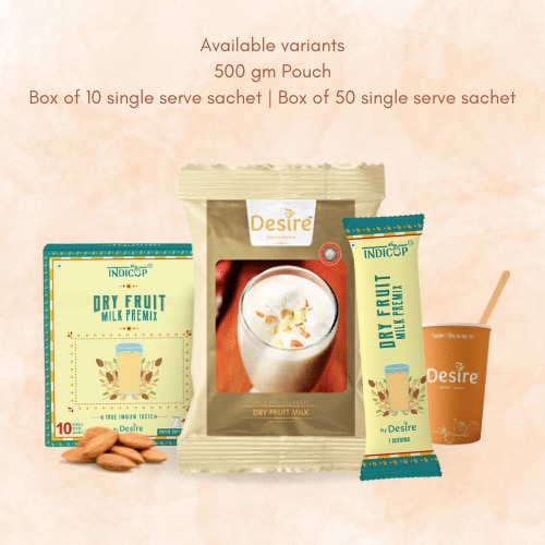 Badam / Dry Fruit Milk!!Desire Dryfruit Premix promises energy & the nutrients of dry fruits. A complete health drink which is not only tasty, but also quite filling!Available size(s):Desire Premix Pack – 500 GmsDelivery Details:Within Mumbai: 2 working daysAnywhere other than Mumbai : 7 working daysSpecialty: No Artificial Flavors and Preservatives.Weight:Indicup Sachet Box (10 sachets) – 200 gm approx.Desire Premix Jar – 250 Gms.Desire Premix Pack – 500 Gms.Ingredient type: Vegetarian.Brand: Desire Instant Premix.Manufacturer: Desire Beverage LLP.Item Part Number: DB0046/ DB0047/ DB0048.Package Dimensions:Indicup Sachet Box : L: 14.1 cm | W: 12 cm | H: 7.74 cm250 grams Jar : L :11 cm | W : 7 cm | H : 7cm.500 grams Pack : L :23 cm | W : 17 cm | H : 2cm.Country of Origin: India.
