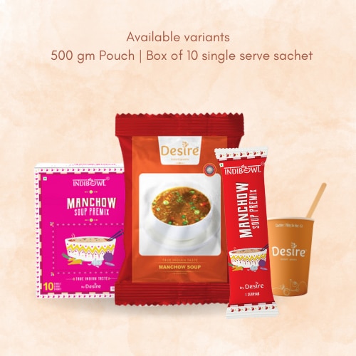 Manchow Soup!!Desire Manchow Soup brings original oriental flavours. It will have your taste buds singing and hunger disappearing in seconds.Available size(s):Indicup Sachet box (10 Single Cup sachets)Desire Premix Pack – 500 GmsDelivery Details:Within Mumbai: 2 working daysAnywhere other than Mumbai : 7 working daysPack Size Sachets (box of 10 sachets), 250 Gms (Jar), 500 GmsSpecialty: No Artificial Flavors and Preservatives.Weight:Indicup Sachet Box (10 sachets) – 200 gm approx.Desire Premix Jar – 250 Gms.Desire Premix Pack – 500 Gms.Ingredient type: Vegetarian.Brand: Desire Instant Premix.Manufacturer: Desire Beverage LLP.Item Part Number: DB0040/ DB0041/ DB0042.Package Dimensions:Indicup Sachet Box : L: 14.1 cm | W: 12 cm | H: 7.74 cm250 grams Jar : L :11 cm | W : 7 cm | H : 7cm.500 grams Pack : L :23 cm | W : 17 cm | H : 2cm.Country of Origin: India.