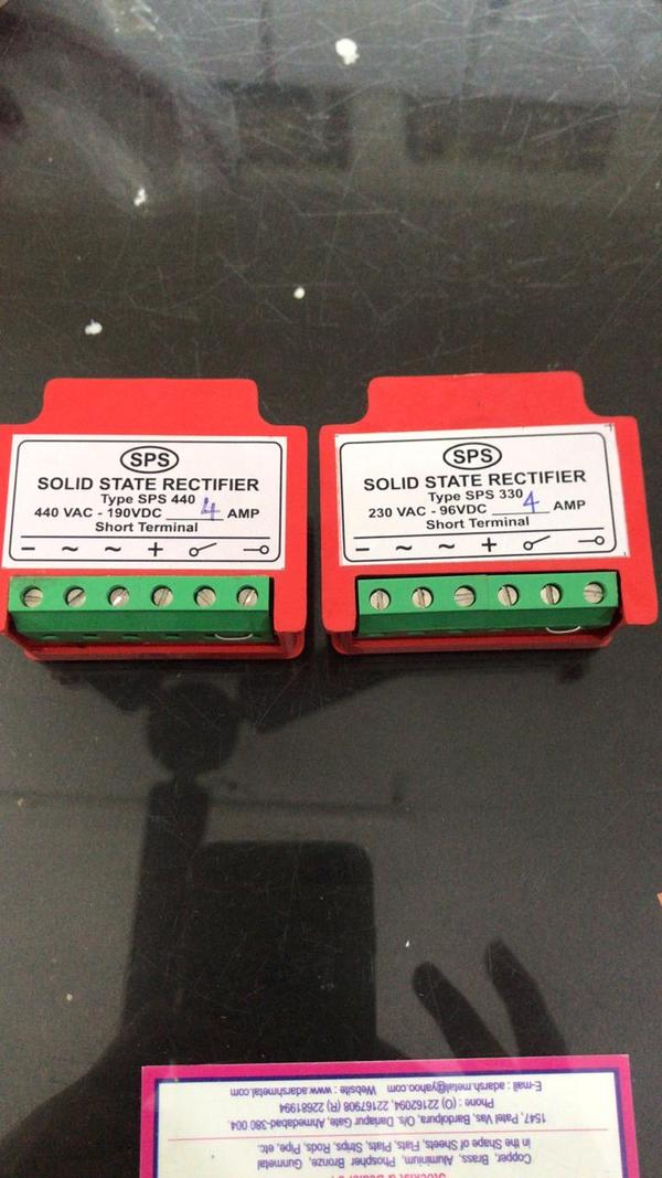 SPS 440 VAC-190 VDC SOLID STATE RECTIFIER (BRAKE RECTIFIER)(Upto1- 5 Amp)Introducing the SPS 440 VAC-190 VDC Solid State Rectifier (Brake Rectifier), manufactured by SAS Power Semiconductor Devices. Designed for precision and reliability, this rectifier converts 440 VAC to 190 VDC with a current rating of 1 to 5 amps, making it ideal for braking systems in industrial applications. Engineered with advanced solid-state technology, it ensures efficient, durable, and stable performance. The SPS Brake Rectifier is perfect for use in motor control and other demanding environments. Trust SAS Power for high-quality, innovative power solutions. Enhance your systems with the reliability and efficiency of the SPS 440 VAC-190 VDC Solid State Rectifier.We 