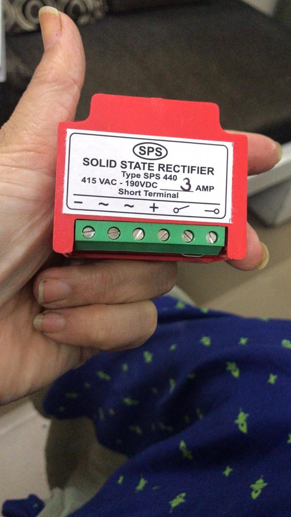 SPS 415 VAC-190 VDC SOLID STATE RECTIFIER (BRAKE RECTIFIER)(Upto1- 5 Amp)Introducing the SPS 415 VAC-190 VDC Solid State Rectifier (Brake Rectifier), manufactured by SAS Power Semiconductor Devices. Designed for high efficiency and reliability, this rectifier converts 415 VAC to 190 VDC with a current range of 1 to 5 amps. Ideal for industrial braking systems, it ensures smooth and dependable operation. Engineered with advanced solid-state technology, the SPS Brake Rectifier offers robust performance, durability, and long-term stability. SAS Power’s commitment to quality guarantees consistent and efficient power conversion. Enhance your braking systems with the superior reliability and efficiency of the SPS 415 VAC-190 VDC Solid State Rectifier from SAS Power Semiconductor Devices.We 