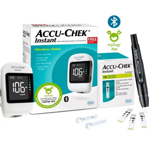 Accurate blood glucose measurement: The Accu-Chek Instant Digital Glucometer is one of the most accurate sugar testing machine for home and it fulfills ISO 15197:2013 standards of accuracyThe box includes 1 qty Bluetooth Glucometer, 10 qty test strips, 1 qty Accu-Chek Softclix Lancing device, 10 qty Accu-Chek Softclix Lancets, 1 qty Carry case, Warranty Details, User Manual, 1 qty Battery & a Quick Start GuideEffortless wireless synchronization: Once connected to the mySugr diabetes management app, the meter automatically logs your blood glucose results and wirelessly using Bluetooth technology transfers them to your smartphone. Making sugar monitoring process and overall diabetes management easy