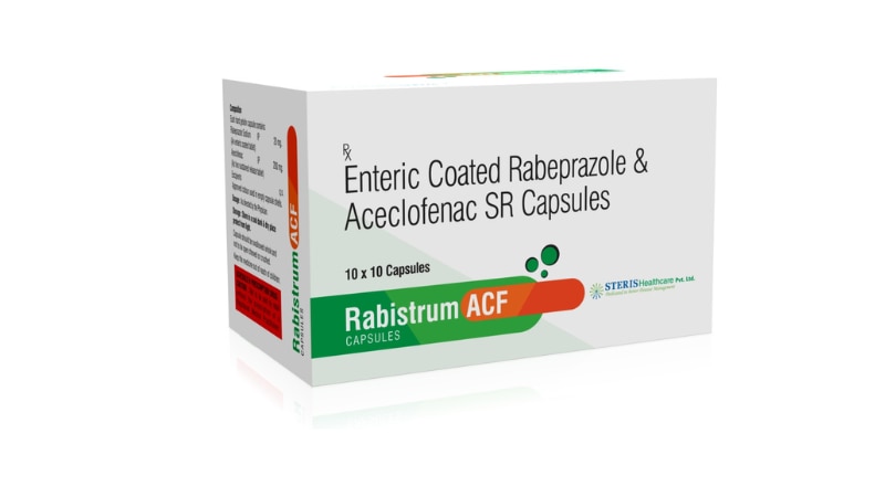 RABISTRUM ACFEC Rabeprazole (20mg), & Aceclofenac (200mg SR)RABISTRUM ACF is a combination medication containing Rabeprazole (20mg) and Aceclofenac (200mg SR). Rabeprazole is a proton pump inhibitor that reduces stomach acid production, relieving acidity and heartburn. Aceclofenac, a nonsteroidal anti-inflammatory drug (NSAID), provides pain relief and reduces inflammation. This combination is prescribed for conditions like gastroesophageal reflux disease (GERD) and musculoskeletal pain. Dosage and duration should be as per the doctor's recommendation to avoid potential side effects.For further information:Email: info@sterispharma.com / contact@sterispharma.comCall/WhatsApp: 7877551268, 7849827488ORDER Now: https://www.sterisonline.com/product/rabistrum-acf-133803