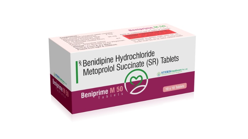 BENIPRIME M 50Benidipine (4mg), Metoprolol Succinate (50mg)Beniprime M 50 is a combination medication containing Benidipine 4mg and Metoprolol Succinate 50mg, designed to manage hypertension and improve heart health.Uses:Beniprime M 50 is primarily prescribed to lower high blood pressure, reducing the risk of heart attacks, strokes, and kidney problems.The combination of Benidipine and Metoprolol Succinate helps relax blood vessels and slow heart rate, improving overall cardiovascular function.