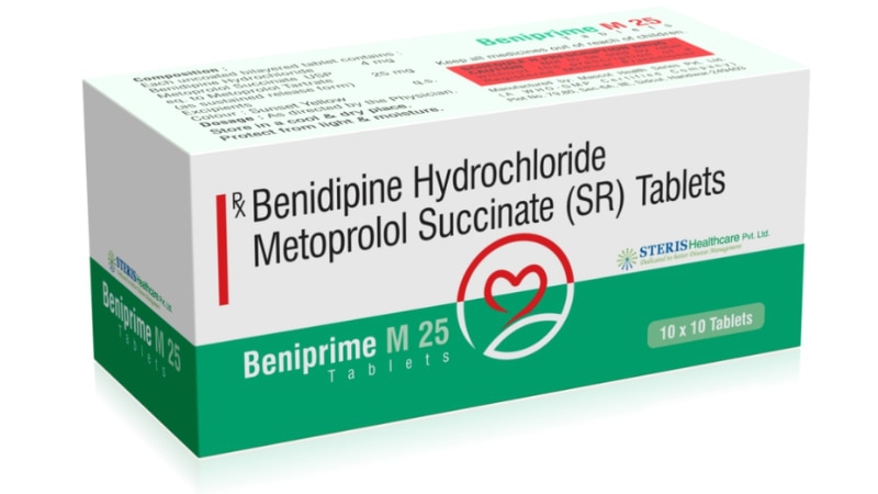 BENIPRIME M 25 Benidipine (4mg), Metoprolol Succinate (25mg)Beniprime M 25 is primarily used to treat high blood pressure (hypertension) by relaxing blood vessels and reducing the heart's workload.The combination of Benidipine and Metoprolol Succinate helps control blood pressure effectively, improving overall cardiovascular health.
