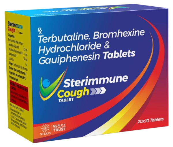 STERIMMUNE COUGHTerbutaline, Bromhexine Hydrochloride & GuaiphenesinSTERIMMUNE COUGH is a combination medication containing Terbutaline, Bromhexine Hydrochloride, and Guaiphenesin. Terbutaline is a bronchodilator that helps relax muscles in the airways, making breathing easier. Bromhexine Hydrochloride is a mucolytic agent that thins and loosens mucus in the airways, making it easier to cough up. Guaiphenesin is an expectorant that helps to loosen congestion in your chest and throat, making it easier to cough up and clear the airways. This combination is used to treat cough associated with conditions such as bronchitis, asthma, and other respiratory tract infections. For further information:Email: info@sterispharma.com / contact@sterispharma.comCall/WhatsApp: 7877551268, 7849827488ORDER Now: https://www.sterisonline.com/product/sterimmune-cough-134191