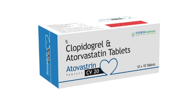 ATOVASTRIN CV 20 Atorvastatin & ClopidogrelATOVA CV 20 combines Atorvastatin and Clopidogrel to reduce cholesterol and prevent blood clots. It's used in managing heart disease and stroke prevention. Consult your doctor for dosing.