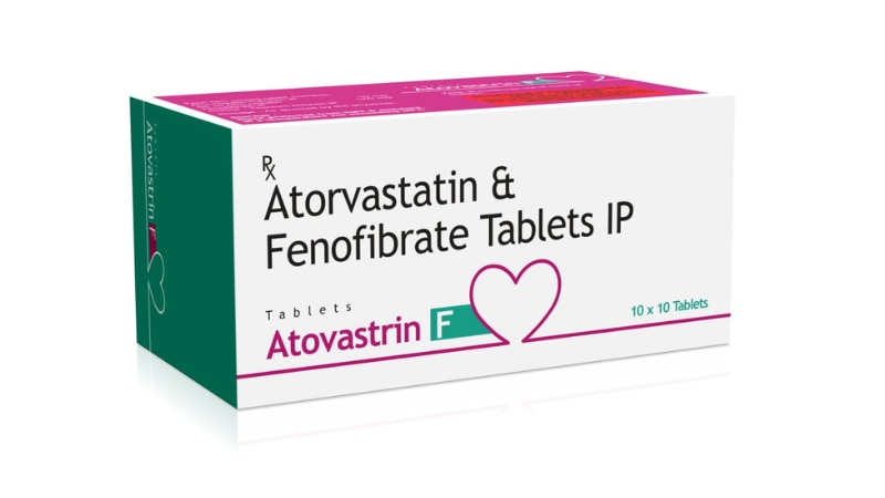 ATOVASTRIN F Atorvastatin (10mg), Fenofibrate (160mg)ATOVASTRIN F combines Atorvastatin and Fenofibrate to lower cholesterol and triglycerides, improving heart health. Prescribed dosage follows physician guidance. Monitor liver function regularly.