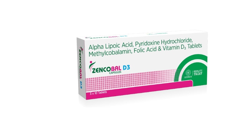 ZENCOBAL D3 Alpha Lipoic Acid, Pyridoxine Hydrochloride, Methylcobalamin, Folic Acid & Vitamin D3Introduction to ZENCOBAL D3ZENCOBAL D3 is a comprehensive dietary supplement formulated to support overall health and well-being. It combines Alpha Lipoic Acid, Pyridoxine Hydrochloride, Methylcobalamin, Folic Acid, and Vitamin D3. These ingredients work synergistically to promote nerve health, energy metabolism, cardiovascular health, and bone health. ZENCOBAL D3 is particularly beneficial for individuals with deficiencies in these nutrients or those with increased nutritional needs.Key Components and Their BenefitsAlpha Lipoic AcidAlpha Lipoic Acid is a powerful antioxidant with multiple health benefits:Antioxidant Protection: Neutralizes free radicals and reduces oxidative stress, protecting cells from damage.Nerve Function: Supports nerve health and may help alleviate symptoms of neuropathy.Energy Metabolism: Enhances glucose uptake in cells, improving energy production and metabolic health.Pyridoxine Hydrochloride (Vitamin B6)Pyridoxine Hydrochloride plays a key role in various physiological processes:Neurotransmitter Synthesis: Involved in the production of neurotransmitters such as serotonin and dopamine, supporting mental health and cognitive function.Metabolism: Aids in the metabolism of proteins, fats, and carbohydrates, supporting overall metabolic health.Immune Function: Enhances immune function by supporting the production of antibodies.Methylcobalamin (Vitamin B12)Methylcobalamin is a bioactive form of Vitamin B12, essential for various bodily functions:Nerve Health: Supports the maintenance and regeneration of nerve cells, helping to alleviate neuropathic pain and improve nerve function.Red Blood Cell Formation: Plays a crucial role in the production of healthy red blood cells, preventing megaloblastic anemia.DNA Synthesis: Essential for DNA synthesis and cellular energy production.Folic Acid (Vitamin B9)Folic Acid is vital for numerous bodily functions:DNA Synthesis and Repair: Essential for DNA synthesis, repair, and methylation, supporting cell division and growth.Cardiovascular Health: Helps lower homocysteine levels, reducing the risk of cardiovascular diseases.Red Blood Cell Production: Works with Vitamin B12 to produce healthy red blood cells, preventing anemia.Vitamin D3Vitamin D3 is crucial for bone health and other functions:Bone Health: Enhances calcium absorption, supporting bone strength and reducing the risk of osteoporosis.Immune Function: Boosts the immune system, helping to defend against infections and diseases.Mood Regulation: Plays a role in mood regulation and mental health, potentially reducing the risk of depression.Benefits of ZENCOBAL D3Supports Nerve HealthNerve Regeneration: Methylcobalamin and Alpha Lipoic Acid work together to support nerve regeneration and function, helping to alleviate symptoms of neuropathy and improve overall nerve health.Enhances Energy and MetabolismEnergy Production: Methylcobalamin, Folic Acid, and Pyridoxine Hydrochloride are essential for cellular energy production, helping to combat fatigue and improve overall energy levels.Metabolic Health: Alpha Lipoic Acid and Pyridoxine Hydrochloride enhance glucose metabolism, supporting healthy blood sugar levels and metabolic health.Promotes Cardiovascular HealthHomocysteine Reduction: Folic Acid and Methylcobalamin help lower homocysteine levels, reducing the risk of cardiovascular diseases.Red Blood Cell Production: Supports the production of healthy red blood cells, preventing anemia and promoting overall cardiovascular health.Supports Bone HealthCalcium Absorption: Vitamin D3 enhances calcium absorption, supporting bone strength and reducing the risk of osteoporosis.How to Use ZENCOBAL D3Dosage and AdministrationRecommended Dosage: The typical dosage is one tablet taken once daily, or as directed by your healthcare provider.Administration: Take the tablet with a full glass of water, preferably with a meal to enhance absorption and reduce the risk of gastrointestinal discomfort.Guidelines for Optimal UseConsistent Use: For best results, take ZENCOBAL D3 regularly at the same time each day as prescribed by your healthcare provider.Monitor Health: Regularly monitor your health and consult your healthcare provider to ensure the supplement is effectively supporting your nutritional needs.For further information: EMAIL: info@sterispharma.com / contact@sterispharma.com CALL/WHATSAPP: 7877551268, 7849827488 Order Nowhttps://www.sterisonline.com/product/zencobal-d3-134092