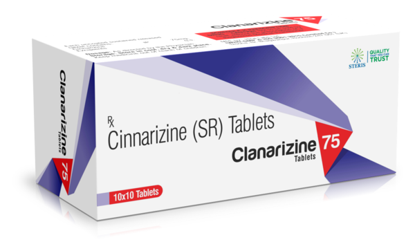 CLANARIZINE 75CinnarizineCLANARIZINE 75, containing Cinnarizine 75mg, is formulated to manage symptoms of inner ear disorders and improve circulation. This medication is primarily used to treat vertigo, tinnitus, and balance disorders associated with conditions like Ménière's disease. It acts by reducing the erratic activity of the inner ear, stabilizing sensory nerve cells, and enhancing blood flow to the brain. Suitable for adults, it is recommended to consult a healthcare provider before starting treatment to ensure it aligns with your health needs.