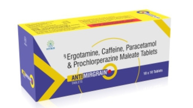 ANTIMIRGRAIN Caffeine , Ergotamine , Paracetamol & Prochlorperazine Maleate TabletsANTIMIRGRAIN tablets offer a powerful blend of Caffeine, Ergotamine, Paracetamol, and Prochlorperazine Maleate, meticulously formulated to provide relief from migraine headaches. This combination works synergistically to reduce migraine symptoms:Caffeine enhances the effectiveness of pain relievers, increasing the absorption rate and providing quicker relief.Ergotamine helps constrict blood vessels surrounding the brain, alleviating migraine-associated pain.Paracetamol acts as a pain reliever and fever reducer, soothing the discomfort caused by migraines.Prochlorperazine Maleate aids in controlling nausea and vomiting, common symptoms of severe migraines.ANTIMIRGRAIN is your go-to choice for comprehensive migraine management, ensuring fast and effective symptom control.
