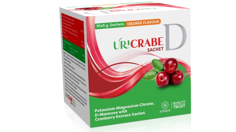 URICRABE D SACHET Potassium Magnesium Citrate, D-Mannose with Cranberry Extract SachetUricrabe D Sachet is a combination medication containing Potassium Magnesium Citrate, D-Mannose, and Cranberry Extract. It is primarily used for urinary tract health support and management of conditions like urinary tract infections (UTIs) and kidney stones.Ingredients: Potassium Magnesium Citrate, D-Mannose, Cranberry ExtractPurpose: Supports urinary tract health, aids in UTI management, helps prevent kidney stonesDosage: Take as directed by your healthcare provider or follow the instructions on the packaging.Benefits: Promotes urine acidity balance, reduces bacterial adhesion in the urinary tract, supports kidney function.Precautions: Consult a healthcare professional before use, especially if pregnant, nursing, or on other medications.Side Effects: Rare, but may include gastrointestinal discomfort or allergic reactions. For further information:Email: info@sterispharma.com / contact@sterispharma.comCall/WhatsApp: 7877551268, 7849827488Order Now: https://www.sterisonline.com/product/uricrabe-d-sachet-134193