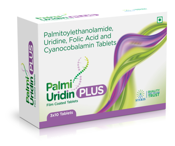 PALMI URIDIN PLUS Palmitoylethanolamide, Uridine, Folic Acid and CyanocobalaminIntroduction:PALMI URIDIN PLUS is a specialized supplement designed to support nerve health and overall well-being. It combines Palmitoylethanolamide, Uridine, Folic Acid, and Cyanocobalamin, each playing a crucial role in maintaining and enhancing neural function, reducing inflammation, and promoting cellular health.Key Features and Benefits:Nerve Health Support: The combination of ingredients in PALMI URIDIN PLUS is formulated to support and protect nerve cells, aiding in the maintenance of healthy neural function.Anti-Inflammatory Properties: Palmitoylethanolamide (PEA) is known for its anti-inflammatory and analgesic properties, which can help reduce chronic pain and inflammation.Cellular Health: Uridine is a nucleoside that supports cellular health and function, particularly in the brain, promoting cognitive health and overall mental well-being.Vitamin B Complex: Folic Acid and Cyanocobalamin (Vitamin B12) are essential for DNA synthesis, red blood cell formation, and neurological function, preventing deficiencies that can lead to neurological issues.Enhanced Cognitive Function: The synergistic effect of these ingredients can improve cognitive functions such as memory, focus, and mental clarity.Dosage and Administration:Recommended Dosage: The typical dosage of PALMI URIDIN PLUS is one tablet taken once or twice daily, as directed by a healthcare provider. The dosage may be adjusted based on individual needs and response to the supplement.Administration: The tablet should be taken orally with water, preferably with food to enhance absorption and minimize potential gastrointestinal discomfort.For further information: EMAIL: info@sterispharma.com / contact@sterispharma.com CALL/WHATSAPP: 7877551268, 7849827488 Order NOWhttps://www.sterisonline.com/product/palmi-uridin-plus-134407