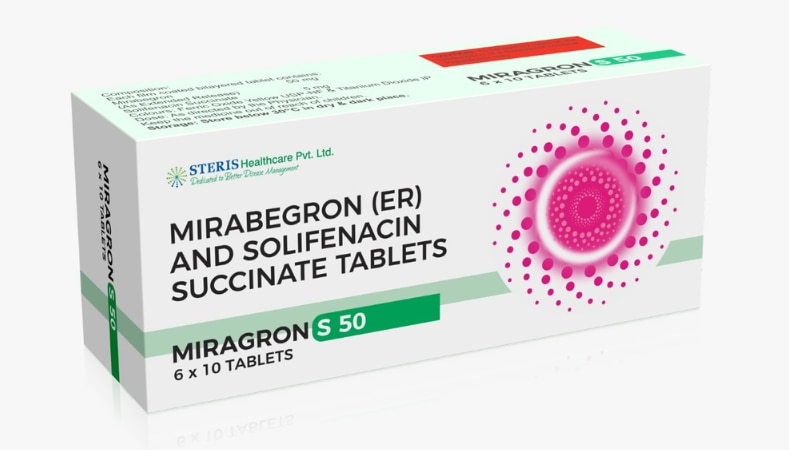 MIRAGRON S 50/5Mirabegron (ER) (50mg) and Solifenacin succinate (5mg)Miragron S 50/5 combines two active ingredients, Mirabegron (ER) at 50mg and Solifenacin succinate at 5mg, offering a synergistic approach to treating overactive bladder (OAB) symptoms. Mirabegron works by relaxing bladder muscles, increasing bladder capacity and reducing urge incontinence. Solifenacin succinate complements this by blocking specific receptors, further reducing bladder contractions and improving urine control. Together, they provide comprehensive relief from OAB symptoms like frequent urination, urgency, and urinary incontinence. Miragron S 50/5 offers a convenient once-daily dosage for enhanced patient compliance and quality of life.For further information:Email: info@sterispharma.com / contact@sterispharma.comCall/WhatsApp: 7877551268, 7849827488ORDER Now: https://www.sterisonline.com/product/miragron-s-50-5-133494