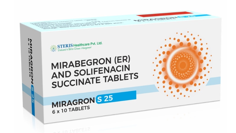 MIRAGRON S 25/5Mirabegron (ER) (25mg) and Solifenacin succinate (5mg)Miragron S 25/5 is a combination medication containing Mirabegron (ER) 25mg and Solifenacin succinate 5mg. Mirabegron is a beta-3 adrenergic agonist that relaxes the bladder muscles, increasing bladder capacity. Solifenacin succinate is an antimuscarinic agent that reduces bladder spasms. This combination is used to treat overactive bladder (OAB) symptoms such as frequent urination, urgency, and incontinence. It helps control bladder function, reducing the frequency and urgency of urination episodes. Miragron S 25/5 offers relief for individuals with OAB, improving their quality of life by managing troublesome urinary symptoms. For further information:Email: info@sterispharma.com / contact@sterispharma.comCall/WhatsApp: 7877551268, 7849827488ORDER Now: https://www.sterisonline.com/product/miragron-s-25-5-133493