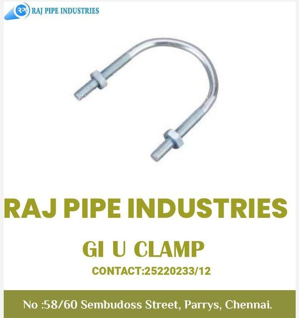 e metal clamps made from galvanized iron, designed to hold and secure pipes or tubes in place.