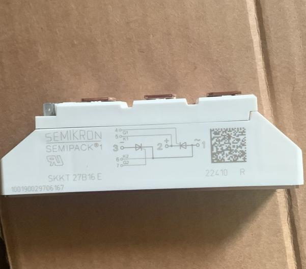 THYRISTOR THYRISTOR MODULE SKKT 27B 16E MAKE: SEMIKRON (27 Amp- 1600 V)1. The SKKT 27B 16E SEMIKRON MODULE, offered by SAS Power Semiconductor Devices, is a high-performance component ideal for controlling power in industrial applications. 2. With a current rating of 27A and a voltage rating of 1600V, this thyristor is engineered for reliability and efficiency. 3. It features robust construction, ensuring durability in demanding environments. 4. The SKKT 27B 16E is designed for seamless integration into power control systems, providing precise control and improved performance. 5. SAS Power Semiconductor Devices guarantees top quality and excellent service, making it a trusted choice for your power semiconductor needs.We