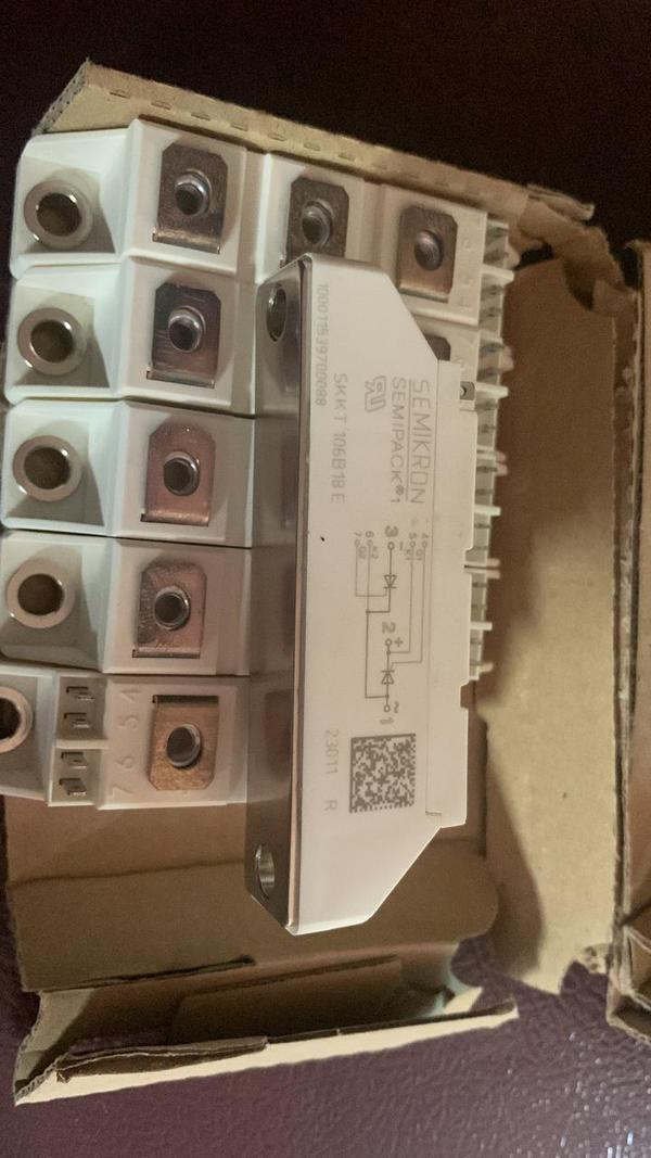 THYRISTOR THYRISTOR MODULE SKKT 106B 18E MAKE: SEMIKRON (106 Amp- 1800 V)1. The SKKT 106B 18E SEMIKRON MODULE, offered by SAS Power Semiconductor Devices, is a high-performance component ideal for controlling power in industrial applications. 2. With a current rating of 106A and a voltage rating of 1800V, this thyristor is engineered for reliability and efficiency. 3. It features robust construction, ensuring durability in demanding environments. 4. The SKKT 106B 18E is designed for seamless integration into power control systems, providing precise control and improved performance. 5. SAS Power Semiconductor Devices guarantees top quality and excellent service, making it a trusted choice for your power semiconductor needs.We