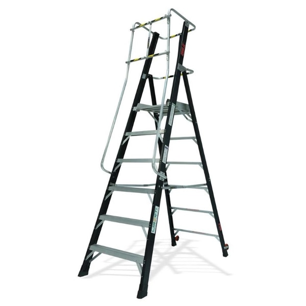 The Liberti Hulk is constructed of non-conductive, high-strength fiberglass rails. It protects operators in a fully closed working platform, allowing them to work safely and quickly with two hands. The steps have wide rungs that help reduce foot fatigue.Product FeaturesStiles manufactured from non-conductive fibreglassWork hands free in comfort from fully enclosed large platformExtra Large platform with 360° guardrail on all four sides gives you stability and freedom to move so you can work efficiently, ergonomically and safely facing any directionSecure handrails for climbing up and downWide steps for comfort and securityHeel-to toe foot support on wide platformEasy to move with optional full set spring loaded wheelsThe Hulk is also available with Wheel Kit Casters, making it even easier to move the Ladder from place to place even while it is fully deployed.Hulk Ladder features full aluminum bracing and a full set of rear horizontals.Available in Heights From 2, 4, 6, 8, 10, 12, 14 Ft PlatformManufactured in ANSI / EN Standards1-year warrantyMax Load 150kg