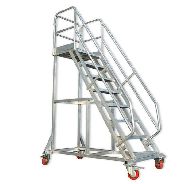 Technical FeaturesAluminium extra wide work platform, approx. 600 x 480 mm, with three-sided safety guardrail.Designed with less steep inclination, like a normal stair, makes it the best choice for those who often climb up and down.Engineered and constructed for extra heavy duty use, these ladders have heavier materials to resist damage.Support section with horizontal stabilizer and castors with locking mechanismLarge storage and retrieval tray.Platform Material : Heavy Duty AluminiumMaximum Load 250 KgsThey are available in 6-15 step sizesAvailable In ANSI / EN