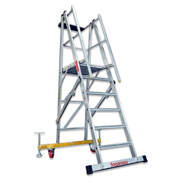 Technical FeaturesAluminium work platform, approx. 600 x 630 mm, with three-sided safety guardrail.Climbing section with horizontal stabiliser bar, rear support section with chassis beam, castors with locking mechanism and jacksStand without getting tired on 80 mm deep treadsSupport section with horizontal stabilizer and castors with locking mechanism (160 mm diameter)Narrow chassis: the chassis width is reduced to a minimum through additional ballasting.Easy folding of the ladder for space saving storage due to hinges in both diagonal braces.Adjustable jacks for stabilityLarge storage and retrieval tray.Platform Material : Aluminium RibbedDistance Between Steps / Rungs: 260 mmMaximum Load 150 KgsThree sided platform railing with knee rail, railing height 1 mSafety chain on the access side80 mm deep, ribbed stepsComplies with EN 131-7
