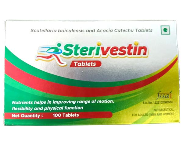 STERIVESTIN Scutellaria Baicalensis and Acacia CatechuOverviewSTERIVESTIN is a natural health supplement that combines the potent benefits of Scutellaria Baicalensis and Acacia Catechu. These two botanical ingredients are known for their extensive health benefits, including anti-inflammatory, antioxidant, and immune-boosting properties. STERIVESTIN is formulated to support overall health and wellness, making it an ideal choice for individuals seeking natural remedies to enhance their health.Key Ingredients and Their BenefitsScutellaria BaicalensisAnti-Inflammatory Properties: Scutellaria Baicalensis, also known as Baikal Skullcap, is renowned for its powerful anti-inflammatory effects. It helps reduce inflammation throughout the body, which can alleviate symptoms of various inflammatory conditions.Antioxidant Effects: Rich in flavonoids such as baicalin and baicalein, Scutellaria Baicalensis provides strong antioxidant protection. It neutralizes free radicals, protecting cells from oxidative stress and damage.Immune Support: This herb boosts the immune system, helping the body fend off infections and illnesses. It supports overall immune function, making it a valuable ingredient for maintaining health.Liver Health: Scutellaria Baicalensis supports liver function and detoxification processes, promoting overall liver health.Acacia CatechuAnti-Inflammatory Benefits: Acacia Catechu, also known as Cutch tree, possesses significant anti-inflammatory properties. It helps reduce inflammation and pain, making it useful for conditions like arthritis and other inflammatory diseases.Antioxidant Protection: This ingredient is rich in catechins and other polyphenolic compounds, which offer robust antioxidant protection. It helps protect the body against oxidative damage and supports cellular health.Digestive Health: Acacia Catechu has been traditionally used to support digestive health. It can help alleviate digestive disorders, promote healthy gut function, and improve overall digestion.Oral Health: Known for its astringent properties, Acacia Catechu promotes oral health by helping to treat conditions like gum disease and mouth ulcers.Usage and DosageSTERIVESTIN should be taken as directed by a healthcare professional. The typical dosage can vary based on individual needs and health conditions. Consistent use as part of a daily health regimen is essential to experience the full benefits of the supplement.Benefits of STERIVESTINEnhanced Immune Function: Supports the body's natural defense mechanisms, helping to protect against infections and illnesses.Reduced Inflammation: Helps manage and reduce inflammation, alleviating symptoms of inflammatory conditions and promoting overall comfort.Antioxidant Support: Provides strong antioxidant protection, reducing oxidative stress and promoting cellular health.Liver and Digestive Health: Supports liver detoxification and promotes healthy digestion, enhancing overall wellness.Oral Health: Promotes healthy gums and oral tissues, supporting overall dental health.Side EffectsSTERIVESTIN is generally well-tolerated. However, some individuals may experience mild side effects such as gastrointestinal discomfort or allergic reactions. If any adverse effects occur, discontinue use and consult a healthcare provider.Precautions and ContraindicationsMedical Conditions: Individuals with specific medical conditions or those taking other medications should consult a healthcare provider before starting STERIVESTIN.Pregnancy and Lactation: Pregnant or breastfeeding women should seek medical advice before using this supplement.Allergies: Those with known allergies to any of the ingredients should avoid use.ConclusionSTERIVESTIN offers a powerful blend of Scutellaria Baicalensis and Acacia Catechu, providing extensive health benefits including anti-inflammatory, antioxidant, and immune-boosting properties. This natural supplement supports overall health and wellness, making it a valuable addition to daily health regimens. With proper use and under the guidance of a healthcare professional, STERIVESTIN can enhance immune function, reduce inflammation, and promote overall well-being.For further information: EMAIL: info@sterispharma.com / contact@sterispharma.com CALL/WHATSAPP: 7877551268, 7849827488 Order NOW