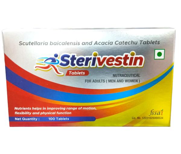STERIVESTIN TABLETS Scutellaria Baicalensis and Acacia CatechuOverviewSTERIVESTIN TABLETS are a potent natural supplement combining the health benefits of Scutellaria Baicalensis and Acacia Catechu. This blend harnesses the powerful properties of these two botanicals to support overall wellness, providing anti-inflammatory, antioxidant, and immune-boosting effects. STERIVESTIN TABLETS are ideal for individuals seeking a natural approach to enhance their health and manage inflammation and oxidative stress.Key Ingredients and Their BenefitsScutellaria BaicalensisAnti-Inflammatory Properties: Scutellaria Baicalensis, also known as Baikal Skullcap, is recognized for its significant anti-inflammatory effects. It helps reduce inflammation in the body, alleviating symptoms associated with various inflammatory conditions.Antioxidant Protection: This herb is rich in flavonoids, including baicalin and baicalein, which provide robust antioxidant protection. It neutralizes harmful free radicals, reducing oxidative stress and cellular damage.Immune Support: Scutellaria Baicalensis enhances the immune system, aiding the body in defending against infections and diseases. It supports overall immune function, promoting better health and resilience.Liver Health: Known for its liver-supportive properties, this herb aids in liver detoxification and promotes overall liver health.Acacia CatechuAnti-Inflammatory Benefits: Acacia Catechu, also known as Cutch tree, has strong anti-inflammatory properties. It helps manage inflammation and pain, making it beneficial for conditions like arthritis and other inflammatory disorders.Antioxidant Effects: Rich in catechins and other polyphenolic compounds, Acacia Catechu provides excellent antioxidant protection. It helps safeguard the body against oxidative damage and supports cellular health.Digestive Health: Traditionally used to support digestive health, Acacia Catechu can help alleviate digestive issues, promote a healthy gut, and improve overall digestion.Oral Health: With its astringent properties, Acacia Catechu supports oral health by helping to treat gum disease and mouth ulcers.Usage and DosageSTERIVESTIN TABLETS should be taken as directed by a healthcare professional. The typical dosage is one tablet taken once or twice daily, depending on individual health needs and conditions. It is best taken with water and can be consumed with or without food. Consistent use as part of a daily health regimen is essential for optimal benefits.Benefits of STERIVESTIN TABLETSEnhanced Immune Function: Boosts the body's natural defense mechanisms, aiding in protection against infections and illnesses.Reduced Inflammation: Helps manage and reduce inflammation, alleviating symptoms of various inflammatory conditions and promoting overall comfort.Antioxidant Support: Provides strong antioxidant protection, reducing oxidative stress and supporting cellular health.Liver and Digestive Health: Supports liver detoxification processes and promotes healthy digestion, contributing to overall wellness.Oral Health: Promotes healthy gums and oral tissues, supporting overall dental health.Side EffectsSTERIVESTIN TABLETS are generally well-tolerated. However, some individuals may experience mild side effects such as gastrointestinal discomfort or allergic reactions. If any adverse effects occur, discontinue use and consult a healthcare provider.Precautions and ContraindicationsMedical Conditions: Individuals with specific medical conditions or those taking other medications should consult a healthcare provider before starting STERIVESTIN TABLETS.Pregnancy and Lactation: Pregnant or breastfeeding women should seek medical advice before using this supplement.Allergies: Those with known allergies to any of the ingredients should avoid use.ConclusionSTERIVESTIN TABLETS combine the powerful properties of Scutellaria Baicalensis and Acacia Catechu to provide extensive health benefits, including anti-inflammatory, antioxidant, and immune-boosting effects. This natural supplement supports overall health and wellness, making it a valuable addition to daily health regimens. With proper use and under the guidance of a healthcare professional, STERIVESTIN TABLETS can help enhance immune function, reduce inflammation, and promote overall well-being.For further information: EMAIL: info@sterispharma.com / contact@sterispharma.com CALL/WHATSAPP: 7877551268, 7849827488 Order NOW