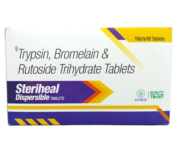 STERIHEAL DISPERSIBLE Trypsin Bp (96mg) , Bromelain (180mg) & Rutoside Trihydrate Bp (200mg)OverviewSTERIHEAL DISPERSIBLE is a potent formulation combining Trypsin BP, Bromelain, and Rutoside Trihydrate BP, designed to support the healing process, reduce inflammation, and enhance overall recovery. This dispersible tablet is ideal for individuals seeking an effective and convenient solution to manage pain, swelling, and tissue repair following injuries, surgeries, or chronic inflammatory conditions.Key Ingredients and Their BenefitsTrypsin BP (96mg)Proteolytic Enzyme: Trypsin is a proteolytic enzyme that helps break down proteins into smaller peptides, facilitating the healing process.Anti-Inflammatory: Reduces inflammation and swelling in injured tissues, promoting faster recovery.Wound Healing: Enhances the body's natural wound healing mechanisms, making it effective in treating injuries and surgical wounds.Bromelain (180mg)Natural Anti-Inflammatory: Derived from pineapples, Bromelain is a natural enzyme that helps reduce inflammation and pain associated with injuries and surgeries.Edema Reduction: Effective in reducing edema (swelling) by breaking down fibrin, a protein involved in blood clotting.Digestive Aid: Supports digestive health by aiding in the breakdown of proteins, although primarily used here for its anti-inflammatory properties.Rutoside Trihydrate BP (200mg)Flavonoid Antioxidant: Rutoside, also known as Rutin, is a flavonoid with strong antioxidant properties that protect cells from oxidative stress.Vascular Health: Strengthens blood vessels, reduces capillary fragility, and improves circulation, which aids in reducing bruising and swelling.Anti-Inflammatory Effects: Works synergistically with Trypsin and Bromelain to reduce inflammation and promote healing.Usage and DosageSTERIHEAL DISPERSIBLE should be taken as directed by a healthcare professional. The typical dosage is one tablet dissolved in a glass of water, taken one to three times daily, depending on the severity of the condition and individual response to the treatment. It is best taken after meals to minimize gastrointestinal discomfort.Benefits of STERIHEAL DISPERSIBLEAccelerated Healing: Promotes faster recovery from injuries, surgeries, and chronic inflammatory conditions by enhancing the body's natural healing processes.Reduced Inflammation and Pain: Effectively reduces inflammation, swelling, and pain, providing relief and improving comfort.Enhanced Circulation: Supports vascular health and improves circulation, which aids in reducing bruising and promotes tissue repair.Convenient and Easy to Use: The dispersible tablet form makes it easy to take, ensuring consistent and effective dosing.Side EffectsSTERIHEAL DISPERSIBLE is generally well-tolerated. However, some individuals may experience mild side effects such as gastrointestinal discomfort, nausea, or allergic reactions. If any adverse effects occur, discontinue use and consult a healthcare provider.Precautions and ContraindicationsMedical Conditions: Individuals with specific medical conditions, particularly those related to the liver or kidneys, or those taking other medications should consult a healthcare provider before starting STERIHEAL DISPERSIBLE.Pregnancy and Lactation: Pregnant or breastfeeding women should seek medical advice before using this supplement.Allergies: Those with known allergies to any of the ingredients, particularly Bromelain (derived from pineapples), should avoid use.ConclusionSTERIHEAL DISPERSIBLE combines the powerful benefits of Trypsin BP, Bromelain, and Rutoside Trihydrate BP to support the healing process, reduce inflammation, and enhance recovery. Its unique formulation promotes faster tissue repair, reduces pain and swelling, and supports overall vascular health. With its convenient dispersible tablet form and comprehensive approach to healing, STERIHEAL DISPERSIBLE is an essential supplement for individuals recovering from injuries, surgeries, or managing chronic inflammatory conditions. Under the guidance of a healthcare professional, STERIHEAL DISPERSIBLE can significantly improve recovery outcomes and overall well-being.For further information: EMAIL: info@sterispharma.com / contact@sterispharma.com CALL/WHATSAPP: 7877551268, 7849827488 Order NOW