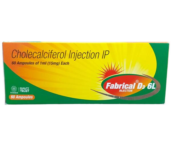 Fabrical D3 6L Cholecalciferol Vitamin D3 (600,000IU) InjectionIntroductionFabrical D3 6L is a potent vitamin D3 (Cholecalciferol) injection, providing 600,000 IU per dose. This high-dose formulation is designed to address severe vitamin D deficiency and support overall bone health. It is particularly useful for individuals who cannot achieve adequate vitamin D levels through oral supplements or dietary intake.CompositionCholecalciferol (Vitamin D3) 600,000 IU: A fat-soluble vitamin essential for the absorption of calcium and phosphorus in the body, playing a crucial role in maintaining bone health and calcium homeostasis.Mechanism of ActionCholecalciferol (Vitamin D3) undergoes hydroxylation in the liver to form 25-hydroxyvitamin D, which is then converted in the kidneys to its active form, calcitriol (1,25-dihydroxyvitamin D). Calcitriol enhances the intestinal absorption of calcium and phosphorus, supports bone mineralization, and modulates immune function.IndicationsFabrical D3 6L is indicated for:Severe Vitamin D Deficiency: To rapidly correct low levels of vitamin D.Osteoporosis: To support bone health and prevent fractures.Hypocalcemia: To assist in the treatment of low calcium levels due to hypoparathyroidism or other conditions.Rickets and Osteomalacia: To treat and prevent bone disorders caused by vitamin D deficiency.Malabsorption Syndromes: In conditions like Crohn’s disease, celiac disease, and bariatric surgery where vitamin D absorption is impaired.Dosage and AdministrationAdult Dosage: Typically, a single dose of 600,000 IU is administered intramuscularly. The frequency of administration depends on the severity of deficiency and the patient's response to treatment.Administration: The injection should be administered by a healthcare professional. It is important to monitor serum calcium and vitamin D levels during treatment to avoid hypercalcemia and vitamin D toxicity.Side EffectsCommon side effects may include:Pain at the injection siteMild gastrointestinal disturbances (nausea, vomiting)FatigueHeadacheMore severe side effects can include:Hypercalcemia (high calcium levels), which may present with symptoms like weakness, confusion, increased thirst and urination, and abdominal pain.Hypervitaminosis D, resulting from excessive vitamin D intake.PrecautionsHypercalcemia: Patients should be monitored for signs of elevated calcium levels.Kidney Function: Use with caution in patients with renal impairment as vitamin D metabolism and excretion may be affected.Pregnancy and Lactation: High doses of vitamin D should be used under medical supervision during pregnancy and lactation.Drug InteractionsThiazide Diuretics: May increase the risk of hypercalcemia when used with vitamin D.Antiepileptic Drugs: Some antiepileptics may decrease vitamin D levels.Glucocorticoids: May reduce the effectiveness of vitamin D by impairing calcium absorption.ConclusionFabrical D3 6L, with its high-dose Cholecalciferol (600,000 IU), provides an effective treatment for severe vitamin D deficiency and related conditions. Its ability to rapidly restore adequate vitamin D levels makes it an essential therapeutic option for individuals with significant deficiencies or those who have difficulty absorbing vitamin D. As with any high-dose supplementation, it is critical to use this medication under the guidance of a healthcare professional to ensure safety and efficacy, with regular monitoring to prevent potential side effects such as hypercalcemia and vitamin D toxicity.For further information: EMAIL: info@sterispharma.com / contact@sterispharma.com CALL/WHATSAPP: 7877551268, 7849827488 Order NOW