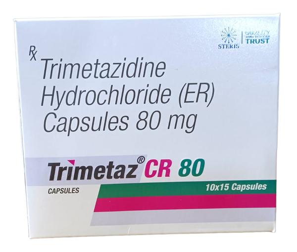 TRIMETAZ CR 80 Trimetazidine (80mg)IntroductionTRIMETAZ CR 80 is a medication containing Trimetazidine hydrochloride, formulated to treat angina pectoris and certain other cardiovascular conditions. It is known for its metabolic effects on the heart muscle, improving myocardial efficiency and reducing symptoms associated with ischemic heart disease.CompositionTrimetazidine (80mg): The active ingredient, Trimetazidine, acts as a cellular metabolic agent that enhances myocardial glucose utilization and improves energy production in the heart muscle.Mechanism of ActionTrimetazidine exerts its therapeutic effects through several mechanisms:Metabolic Regulation: Shifts myocardial energy substrate utilization from fatty acids toward glucose oxidation, which is more efficient and requires less oxygen.Anti-ischemic Effect: Protects the heart against ischemic damage by preserving cellular energy metabolism and reducing oxidative stress.Improvement in Symptomatology: Reduces angina symptoms such as chest pain, shortness of breath, and exercise intolerance by enhancing myocardial function.IndicationsTRIMETAZ CR 80 is indicated for:Chronic Stable Angina Pectoris: Used as adjunctive therapy in patients who are inadequately controlled with other anti-anginal medications.Ischemic Heart Disease: Helps improve myocardial function and reduce symptoms associated with coronary artery disease.Dosage and AdministrationThe usual dosage of TRIMETAZ CR 80 is one tablet (80mg) taken orally twice daily, preferably with meals.The extended-release formulation ensures sustained therapeutic levels of Trimetazidine throughout the day.Dosage adjustments may be necessary based on individual patient response and tolerance.Side EffectsCommon side effects may include:HeadacheDizzinessNauseaGastrointestinal disturbances (such as abdominal pain or diarrhea)Severe side effects are rare but may include:Allergic reactions (rash, itching, swelling)Extrapyramidal symptoms (involuntary movements)Hepatic dysfunction (monitor liver function tests periodically)PrecautionsUse with caution in patients with severe renal impairment or hepatic dysfunction, as Trimetazidine metabolism may be altered.Monitor patients for signs of extrapyramidal symptoms, especially in patients with Parkinson's disease or other movement disorders.Avoid abrupt discontinuation of Trimetazidine, as it may worsen angina symptoms.Drug InteractionsTrimetazidine may interact with other medications that affect myocardial metabolism or cardiac function, including beta-blockers and calcium channel blockers. Close monitoring is recommended when used concomitantly.ConclusionTRIMETAZ CR 80 is a valuable therapeutic option for managing chronic stable angina pectoris and ischemic heart disease by improving myocardial efficiency and reducing symptoms associated with cardiac ischemia. Its mechanism of action, focusing on metabolic modulation and anti-ischemic effects, makes it an effective adjunctive therapy in patients with inadequate symptom control on standard anti-anginal medications. Proper dosage, administration, and monitoring for side effects are essential to ensure safe and effective use of TRIMETAZ CR 80 in cardiovascular patients. Consultation with a healthcare provider is recommended for personalized treatment plans and management of cardiac conditions with TRIMETAZ CR 80.For further information: EMAIL: info@sterispharma.com / contact@sterispharma.com CALL/WHATSAPP: 7877551268, 7849827488 Order NOW