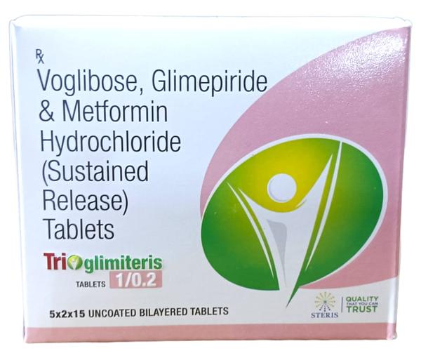 TRIOGLIMITERIS 1/0.2 Voglibose 0.2 mg, Glimepiride 1 mg & Metformin Hydrochloride 500 mgIntroductionTRIOGLIMITERIS 1/0.2 is a combination medication containing Voglibose, Glimepiride, and Metformin Hydrochloride. It is primarily used in the management of type 2 diabetes mellitus to improve glycemic control through different mechanisms of action targeting glucose metabolism.CompositionVoglibose (0.2 mg): An alpha-glucosidase inhibitor that delays the digestion of carbohydrates in the intestine, thereby reducing postprandial blood glucose levels.Glimepiride (1 mg): A sulfonylurea derivative that stimulates insulin release from pancreatic beta cells, enhancing glucose uptake in peripheral tissues.Metformin Hydrochloride (500 mg): A biguanide that decreases hepatic glucose production, improves insulin sensitivity in peripheral tissues, and reduces intestinal glucose absorption.Mechanism of ActionTRIOGLIMITERIS 1/0.2 combines the actions of its components to achieve optimal glycemic control:Voglibose: Inhibits alpha-glucosidase enzymes in the intestine, delaying carbohydrate digestion and reducing the absorption of glucose after meals.Glimepiride: Stimulates insulin secretion from pancreatic beta cells in a glucose-dependent manner, thereby lowering blood glucose levels.Metformin Hydrochloride: Decreases hepatic glucose production through suppression of gluconeogenesis and enhances peripheral glucose uptake and utilization by improving insulin sensitivity.IndicationsTRIOGLIMITERIS 1/0.2 is indicated for:Type 2 Diabetes Mellitus: Used to improve glycemic control in adults when diet, exercise, and monotherapy with metformin or sulfonylureas alone are not sufficient.Dosage and AdministrationThe typical dosage of TRIOGLIMITERIS 1/0.2 is one tablet taken orally with meals, usually once or twice daily.Dosage adjustments may be required based on individual patient response, blood glucose levels, and renal function.It is essential to adhere to the prescribed dosage regimen to achieve optimal therapeutic outcomes.Side EffectsCommon side effects of TRIOGLIMITERIS 1/0.2 may include:Hypoglycemia (especially when used in combination with insulin or other antidiabetic medications)Gastrointestinal disturbances (such as nausea, vomiting, diarrhea, or abdominal discomfort)Weight gain (mainly associated with sulfonylureas)More severe side effects can include:Allergic reactions (rash, itching, swelling)Lactic acidosis (rare but serious adverse effect associated with metformin use)Hepatic dysfunction (monitor liver function tests periodically)PrecautionsUse with caution in patients with renal impairment, hepatic dysfunction, or other significant medical conditions that may affect drug metabolism or excretion.Regular monitoring of blood glucose levels, renal function, and liver function is recommended during treatment with TRIOGLIMITERIS 1/0.2.Avoid use in patients with type 1 diabetes mellitus or diabetic ketoacidosis.Drug InteractionsTRIOGLIMITERIS 1/0.2 may interact with other medications affecting blood glucose levels, such as insulin, other oral antidiabetic agents, or drugs that affect renal function or hepatic metabolism. Close monitoring and dose adjustments may be necessary.ConclusionTRIOGLIMITERIS 1/0.2 provides a comprehensive approach to managing type 2 diabetes mellitus by combining Voglibose, Glimepiride, and Metformin Hydrochloride. This combination targets different aspects of glucose metabolism, enhancing insulin secretion, reducing hepatic glucose production, and delaying carbohydrate absorption in the intestine. Proper dosage, administration, and monitoring for side effects are essential to achieve and maintain optimal glycemic control in diabetic patients using TRIOGLIMITERIS 1/0.2. Consultation with a healthcare provider is recommended for personalized treatment plans and management of diabetes with this medication.For further information: EMAIL: info@sterispharma.com / contact@sterispharma.com CALL/WHATSAPP: 7877551268, 7849827488 Order NOW