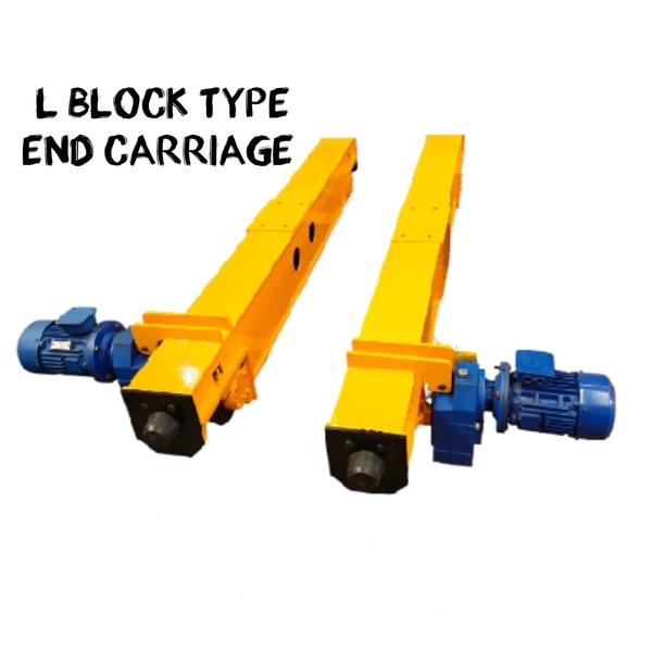 OVERVIEWEnd carriage made of rectangular tube, transmission mechanism use gear reducer motor, equipped with the open pinion wheel or hollow shaft wheel. Suitable for single girder or double girder overhead crane. Wheel tread surface heat treatment.It only need to weld the main beam and end beam after correction. Making crane manufacturing, installation and maintenance very easily.European type End carriage adopts F-series reducer and hollow shaft drive, working duty reach M5.DETAILS1.Motorized trolley accessory of craneRespective dollies in the system are independently driven.2.A structure is composed of track, side track for horizontal movement, trunplate and other sections, and form a 3D networkfor material conveyance.3.Multipe control mechanism, able for centralized control, scattered control, or distributed control mode, and the dollies areable to perform fullautomatic operations according to the set program.4.Random material supply system for random applications for vehicle request by service positions to be made throughcharacteristic address code of service positions through dollies, for them to directly reach the stations where vehiclesrequested for material supply.5.Sorting and dsitributing system for carrying dollies to set address reading stations on the ground according to thecharacteristic address code carried by different types of carried cargos, able to achieve automatic sorting and distributingoperations and so on.