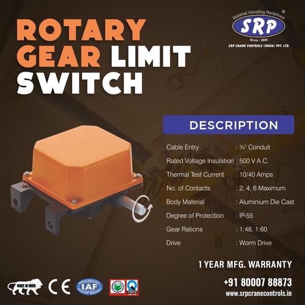 Product Details:Usage/Application Industrial ControlSwitch Type Rotary LimitBrand SRPMaterial Aluminum Die CastCurrent 10-40 APower/Voltage (V) 500 VIt is used for EOT cranes,to prevent over travelling. we have wide range of limit switch like Lever limit switch, rotary limit switch , etc.Additional Information:Delivery Time: 2-3 DAYS