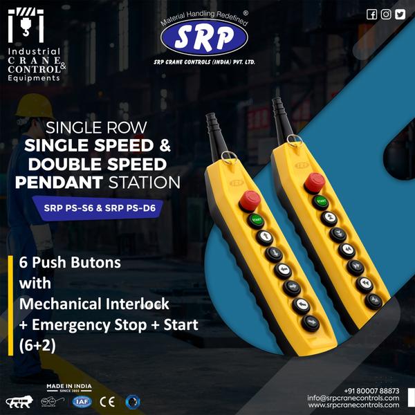 Product Details:Model Name/Number SRP PS- S6AUsage/Application EOT CraneSwitch Type Pendant ButtonColor YellowProtection Unbreakable and WaterproofBrand SRPMaterial/Body PlasticVoltage 230 - 440 VOperation Temperature -15 degree C to 70 degree CMax Current 61AEnclosure IP65Power Consumption 12WFeatures:UnbreakableWaterproof1 year guaranteeAdditional Information:Delivery Time: immediately