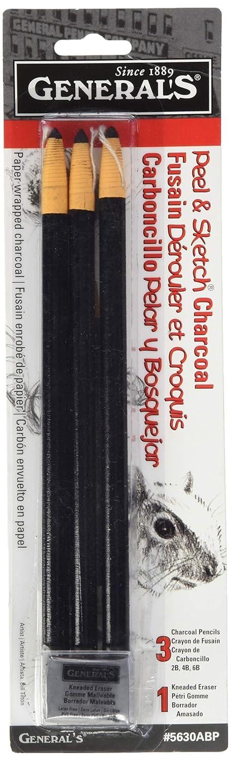 Peel & Sketch Charcoal Pencil Set - General Pencil - These charcoal pencils never need sharpening, which make them ideal tools for field sketching. Just pull the string and unwrap paper to reveal more black charcoal. The set comes with three pencils (soft, medium and hard)and one kneaded eraser.