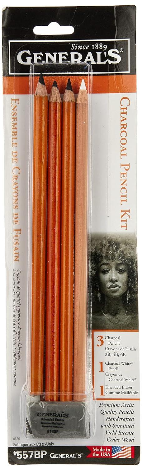 Generals Charcoal Pencil KitThese extra smooth charcoal pencils are perfect for fine art drawing, sketching, and designingThis package contains three black charcoal pencils (2B, 4B, 6B), one white charcoal pencil, and one latex-free, PVC-free kneaded rubber eraserMade in the USAThe Generals Charcoal Pencil Kit is an essential collection for artists seeking to explore the captivating world of charcoal drawing. This comprehensive kit includes a range of high-quality charcoal pencils in different grades, allowing artists to achieve a variety of tones and textures, from subtle shading to bold, expressive strokes. The pencils feature a smooth and creamy texture that effortlessly glides across the paper, providing excellent control and precision. The kit also includes accessories such as a sharpener and eraser, ensuring that artists have all the necessary tools to create stunning charcoal artwork. Whether you're a beginner or an experienced artist, the Generals Charcoal Pencil Kit is a reliable and versatile choice that will elevate your artwork to new levels of depth and dimension. Unleash your creativity with this exceptional charcoal pencil kit and bring your artistic visions to life.