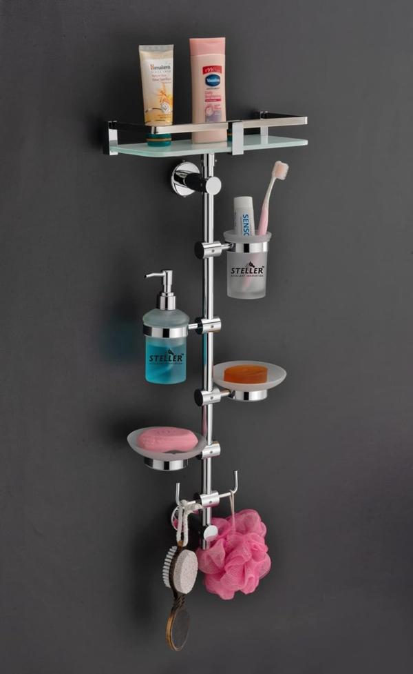 Bathroom Multipurpose Stand Organizes Your Bathroom Toiletries Like Soap, Shampoo, Sponge, Body Wash, Head Cap Smartly With This Multipurpose Organizer. Equally Useful To Organize bathroom With This Stand Perfectly Crafted For bathroomHardwareRodHangerSoap DishTumblerShelf