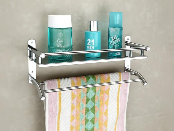 Material: HIgh Grade Stainless Steel, Color: Silver, Size: L 39 X W 13 X H 10 CmMulti Purpose Use : 2in1 Bathroom Shelf, Towel-Napkin Hanger (Napkin).Modern, Trendy & Attractive - Very Modern, Trendy & Attractive (Architectural Design) Completes Your Bathroom Or Living Room Decor And Enhances The Look Of Your Walls.Rust Proof, Premium Design, Good Quality. Railing Ensures That Items Stay In Place AND Won't Fall Off.Package Contents: 1 Stainless Steel Shelf With Free Fitting Material Inside.