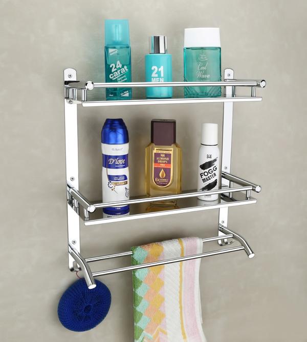The space saving bathroom organizer with towel bar and hook is constructed of high quality anti-rust and corrosion resistance steel and has a nickel chrome finish to preserve custom looks and shiny look, ensuring its durability and longevity.It features two shelves for shampoos, lotions, or whatever you want to place on it, plus a double towel rod, double hook and double sliding hooks for towels or other hanging apparel/accessories.The shelf has the capacity to hold shampoo bottles, lotions, toiletries, makeup brushes, cosmetics, towels and other bathroom essentials. The shelf is also perfect for kitchen use, as it can hold containers, bottles and spices as Transform wasted space into a storage area using the bathroom shelf. Place all your bathroom items neatly and in one place, easy on the eyes and sturdy.This bathroom shelves bring order and style to your messy bathroom storage. You can now transform the wasted space into a spacious storage area, taking away clutter during your morning rush phase. Say goodbye to clutter and hello to cleanliness!Built to last, this stainless steel wall shelf features a durable construction with rail that protects your delicate items from falling. It is also great for organizing items and can fit in any room of the home.Easy to install with screws and anchors that are included in the package. Drill to install, more stable, can load heavier and longer than adhesive ones.