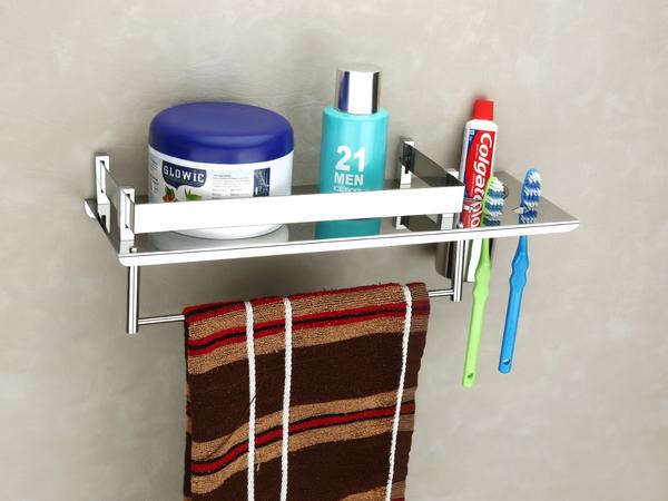 Material: HIgh Grade Stainless Steel, Color: Silver, Size: 5x18 InchesGive Retouch To Your Bathroom - Very Modern, Trendy & Attractive (Architectural Design) Completes Your Bathroom Or Living Room Decor And Enhances The Look Of Your WallsMulti Purpose Use : 3in1 Bathroom Shelf, Tumbler Holder, Towel-Napkin Hanger (Napkin)Rust Proof, Premium Design, Good Quality. Railing Ensures That Items Stay In Place AND Won't Fall OffBeautiful Nickel Finish Shelf, Adding Style To Any Bathroom. Package Contents: 1 Stainless Steel Shelf With Free Fitting Material Inside