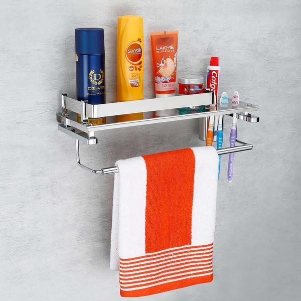 BATHROOM STEEL RACK is highly durable as high-grade material of stainless steel is used for its manufacturing. It is scratches resistance, corrosion-proof, and of the best quality.3in1 Multipurpose shelf is a masterpiece as it includes a wall mount bathroom shelf, tumbler holder & towel holder and hence there arises no need to purchase all this separately.This bathroom steel rack is made from 100% high-grade stainless steel with an extra 18-10 nickel-chrome mirror finish so as to keep it last longer- rust and corrosion resistance.STELLER has the most elegant design among all types of shelves & racks with the best durability and high satisfaction in both - usage as well as in looks. Overall it’s a value-for-money thing.Bathroom steel rack/shelf/holder is available in size - 15x5x5 Inches.This multipurpose steel rack can serve all your needs for storage solutions efficiently.